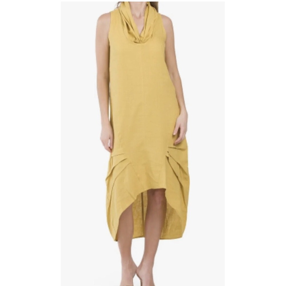 For Cynthia Mustard Yellow Linen Blend Cowl Neck High Low Midi Dress XL